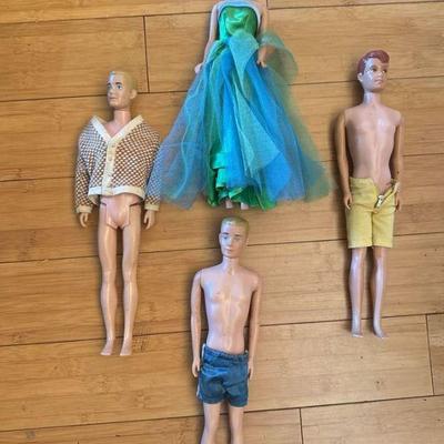 Vintage Barbie 1961 Senior Prom Ponytail Doll, Patent Pending Ken Doll, 1960 Ken Doll, and Barbie Allan Doll
