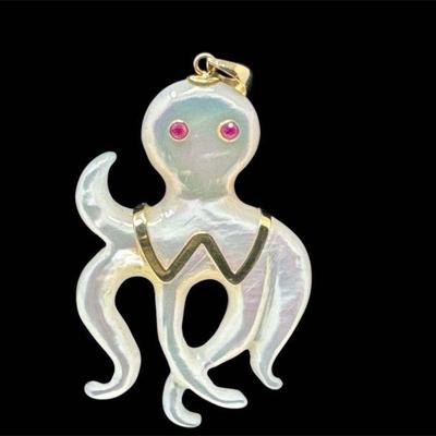 14K Gold and Mother of Pearl Octopus Pendant
