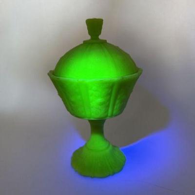 Vintage Fenton Satin Uranium Glass Lidded Pedestal Candy Dish