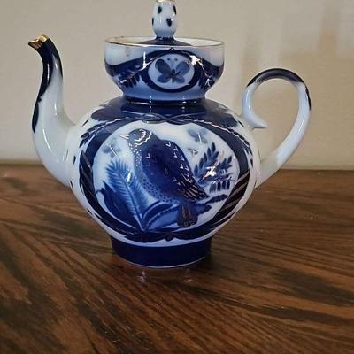 Lomonosov Cobalt Blue and Gold Bird Coffee/Teapot, from Russia