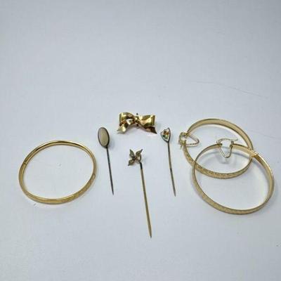12K Gold Filled Bow Pin, 14K Gold Filled Bracelet, Vintage Hair Pins, and Fashion Earrings