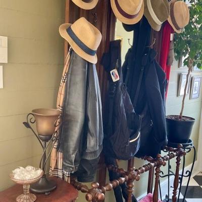 Hall tree, men’s hats, Jackets