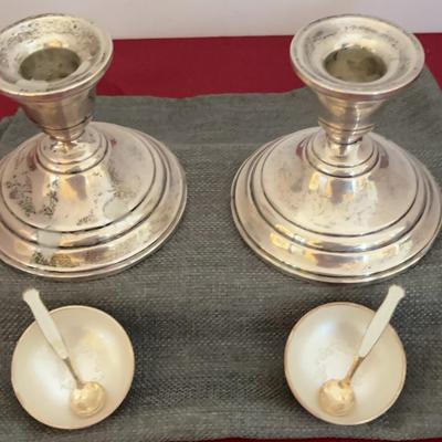 Weighted Sterling candlesticks and bowls with spoons