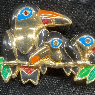 Vintage Gold Tone Enamel Toucan Brooch
