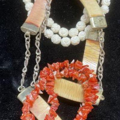 Lot 3 Red Coral & Bone Beaded Necklaces
