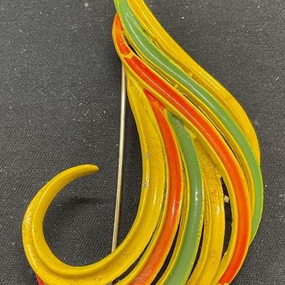 Vintage Yellow Orange Enameled Swirl Brooch
