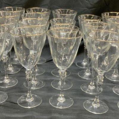 Set 27 Gilt Rim W Glass Wine Goblets
