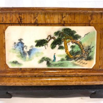 Asian Bamboo W Faux Marble Plaque Tea Box
