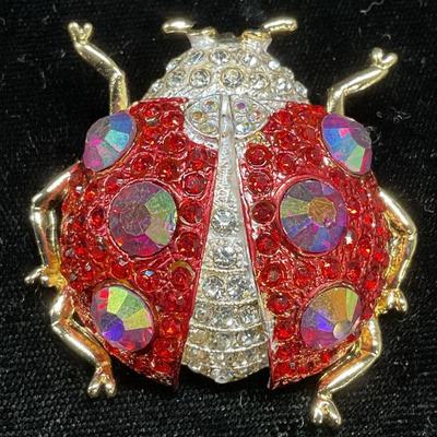 Gold Tn Crystal Enamel Ladybug Brooch
