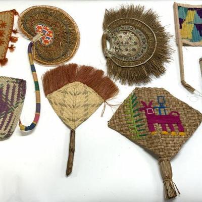 Lot 8 Assorted Woven Wicker Hand Fans
