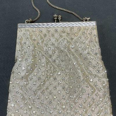 Vintage Metallic Silver Satin Crystal Handbag
