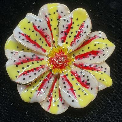 Pink & Yellow Enameled Flower Brooch
