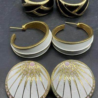 Lot 3 Vintage Enameled Gold Tone Metal Earrings
