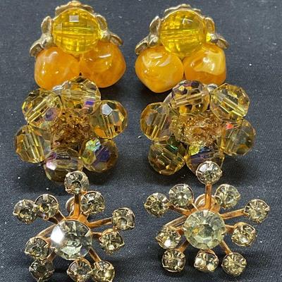 Lot 3 Vintage Yellow Crystal Earrings
