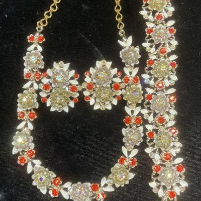 3 Vtg BSK Silver Tn Flower Crystal Jewelry Set
