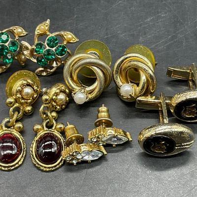 5 Vintage Crystal Earrings & Enameled Cufflinks
