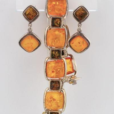 Vntg Sterling Silver Faux Amber Bracelet &Earrings
