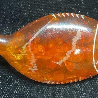 Vintage Carved Amber Lucite Fish Brooch
