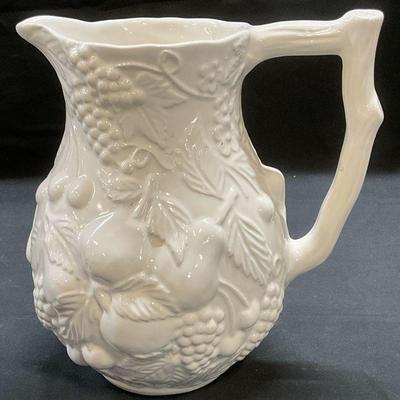 Vintage White Ceramic Fruit Motif Pitcher
