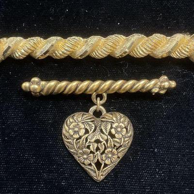 Lot 2 Gold Tone Heart & Bar Brooches
