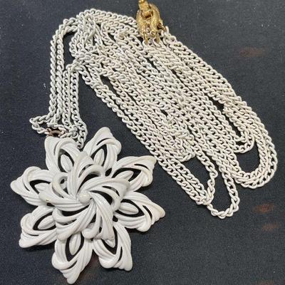 Vintage Monet White Enamel Flower Necklace
