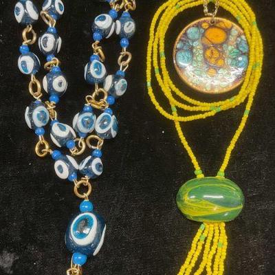 Lot 3 Blue Art Glass, Enamel Pendant Necklaces

