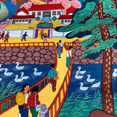 Signed Pond Stone Walk Garden Gouache Painting
