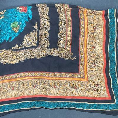 Blue & Gold Graphic Print Silk Scarf
