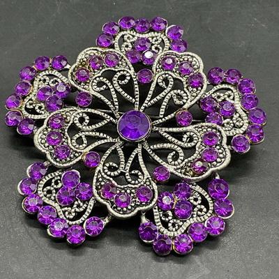 Vintage Bejeweled Purple Crystal Floral Brooch
