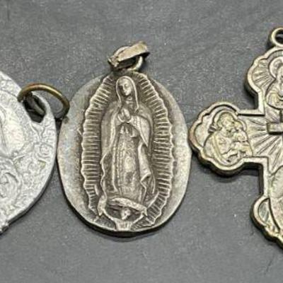 5 Atq Sterling Silver & Metal Religious Pendants

