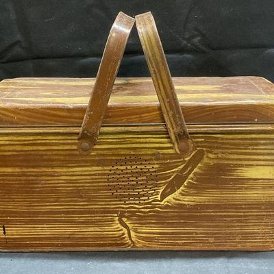 Vtg Faux Wood Grain Tin Litho Picnic Basket
