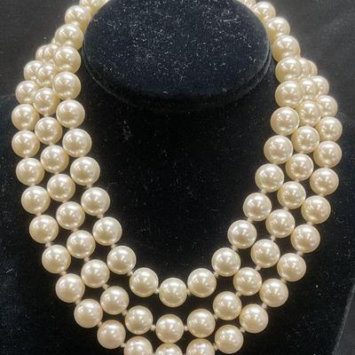 Vintage Three Strand Faux Pearl Necklace
