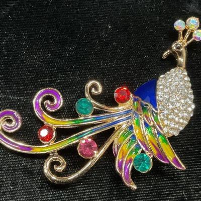 Gold Tone Crystal Enamel Peacock Brooch
