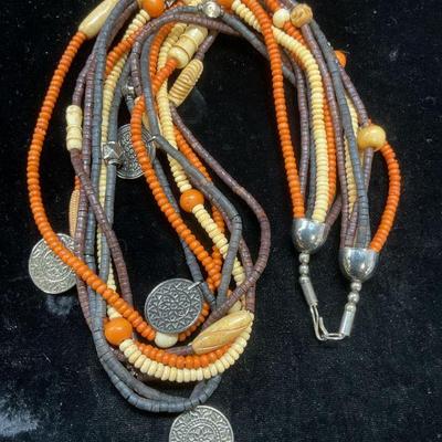 Vintage Wood Beaded Silver Tn Coin Necklace
