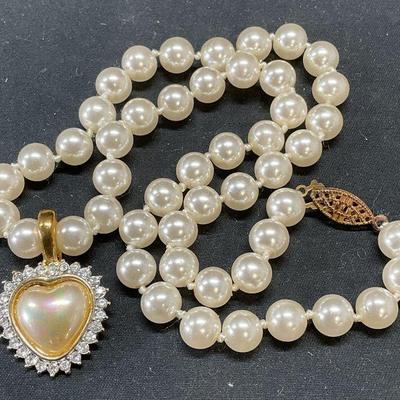 2 Vintage Faux Pearl Necklace, Roman Pendant
