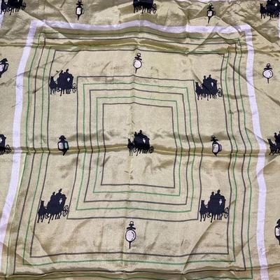 Vintage Horse & Carriage Print Green Silk Scarf

