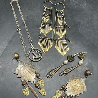 4 Vintage Earrings & Sterling Pendant Necklace
