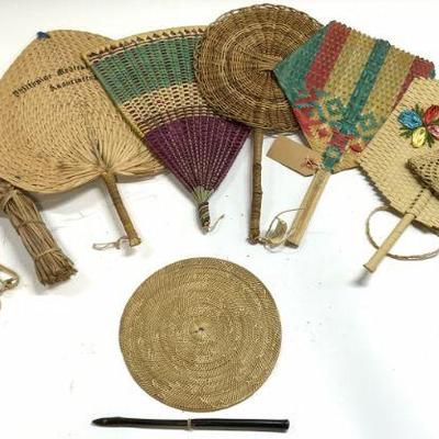 Lot 9 Vntg Assorted Woven Wicker Handheld Fans
