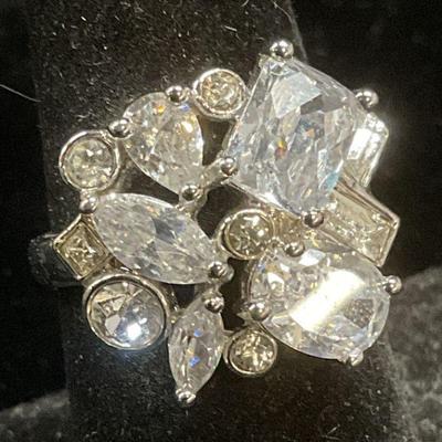 Signed Silver Tone Crystal Cocktail Ring
