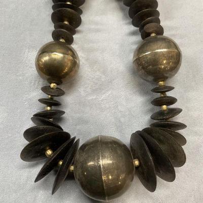 Vtg Silver Tone & Black Wood Beaded Necklace
