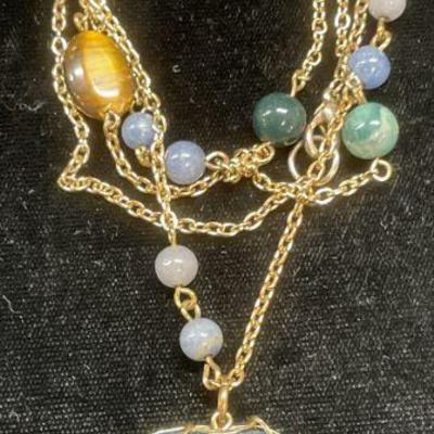 Gold Tone Blue Semiprecious Pendant Necklace
