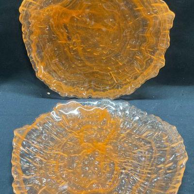 Pair Vintage Orange Swirl Textured Glass Plates
