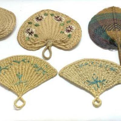 Lot 8 Assorted Woven Wicker & Rattan Hand Fans
