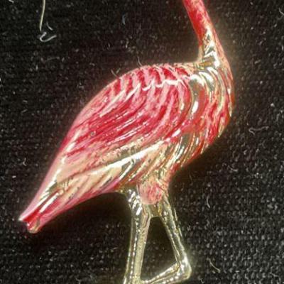 Gold Tone Enamel Pink Flamingo Brooch
