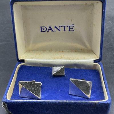 DANTE Vntg Silver Tone Metal Cufflinks & Pin, Box
