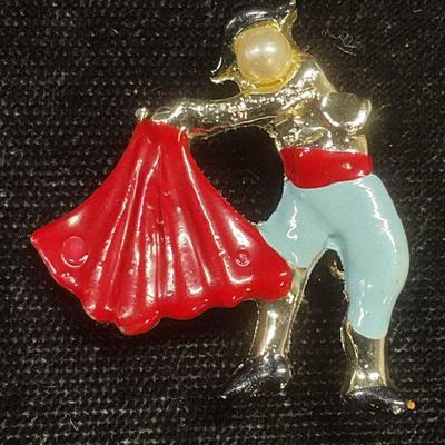 Vtg Gold Tn Enamel Faux Pearl Matador Brooch
