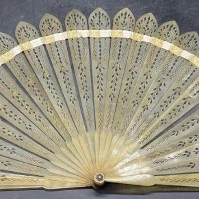 Antique Pierced Celluloid & Ribbon Handheld Fan

