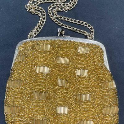 Vintage La Regale Gold Satin Beaded Handbag
