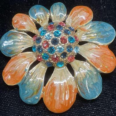 Blue & Red Crystal Enamel Flower Brooch
