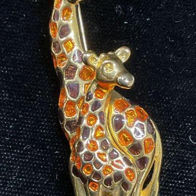 Gold Tone Enamel Giraffe Brooch
